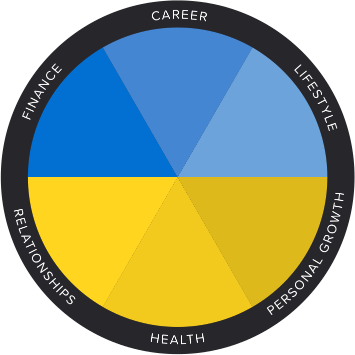Originalgrafik des Happiness Circle mit sechs Lebensbereichen ohne Life Score